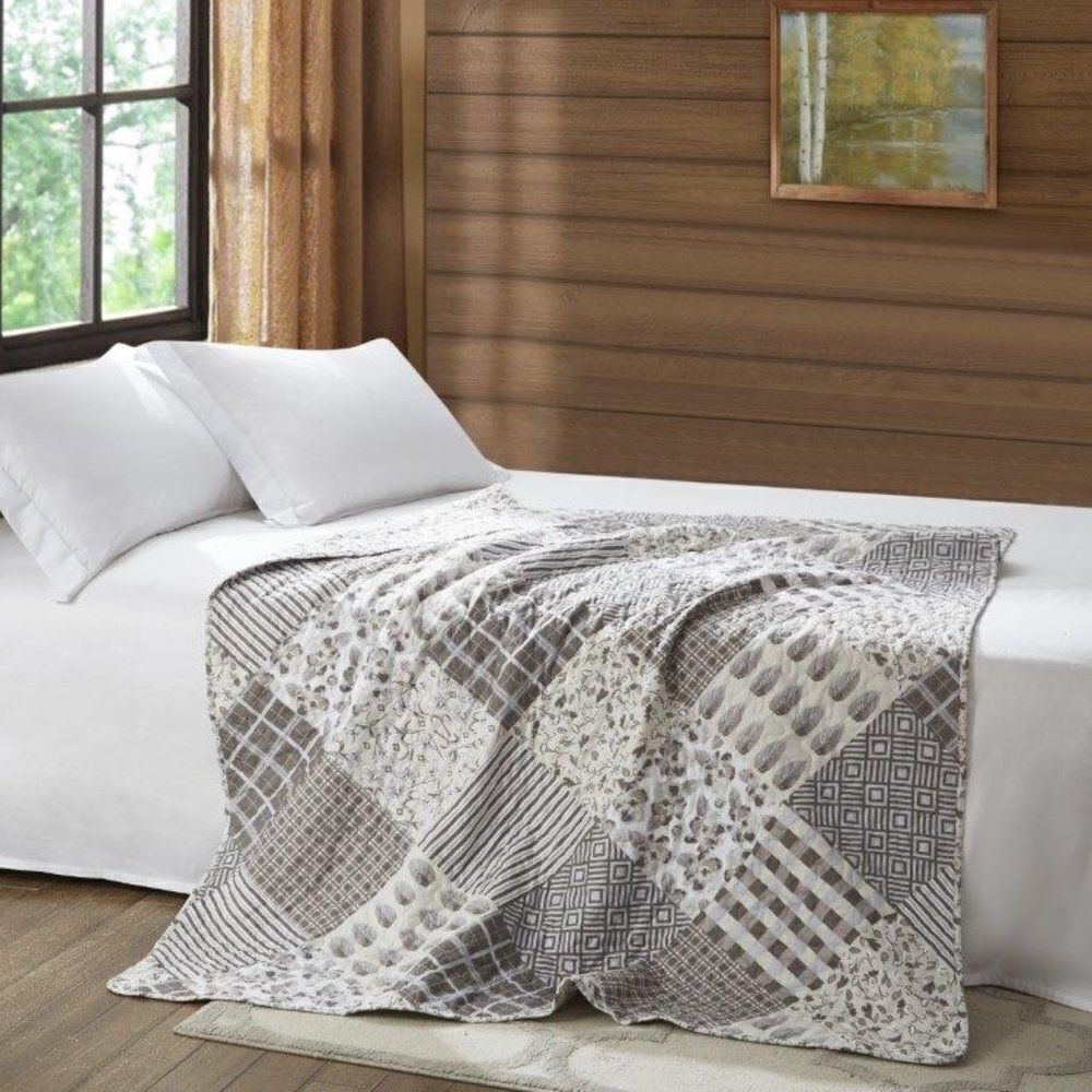 Farmhouse Gray Patchwork Printed Quilted Throw Country Cottage Shabby Chic